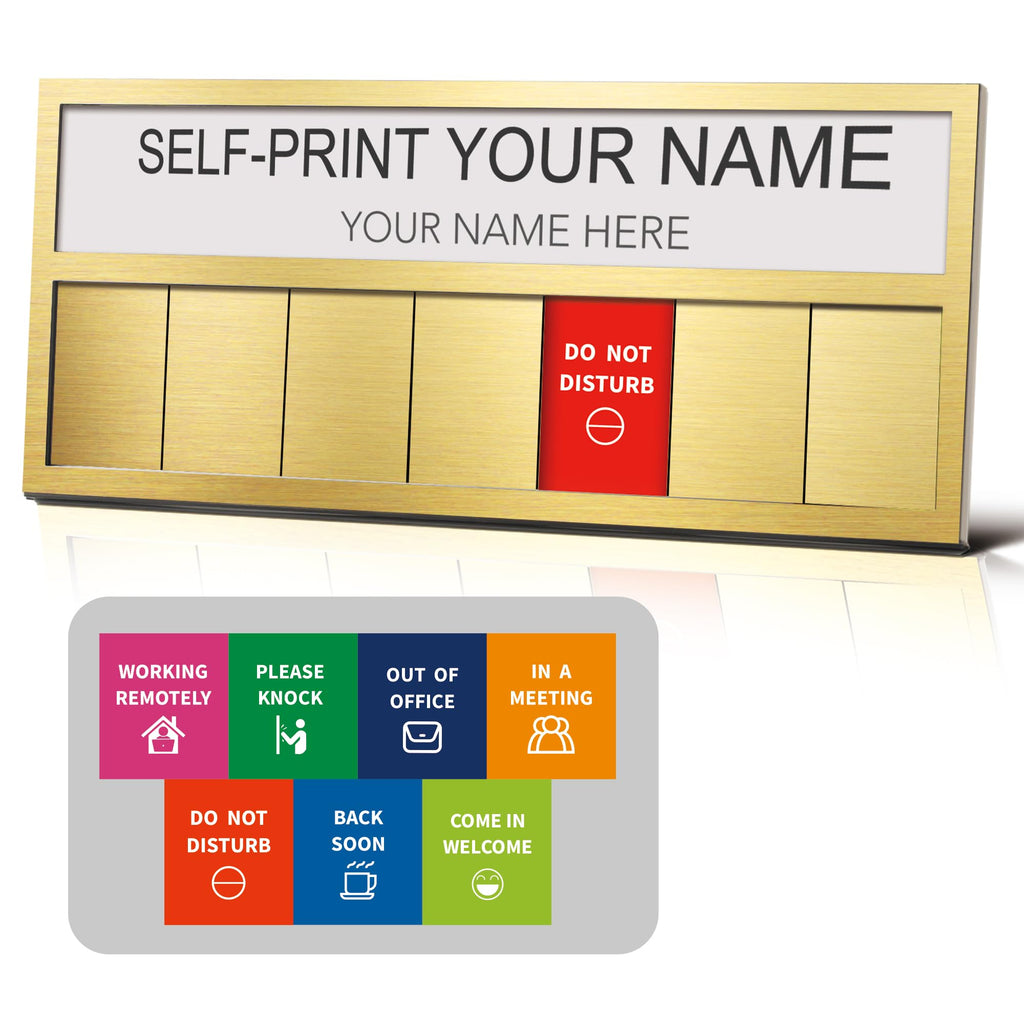 Name Plate for Desk& Office Door Sign, 7 Options Do Not Disturb, In A Meeting, Out of Office, Working Remotely, Please Knock, Come in Welcome，Stick or Stand with Desk Name Plate, Brushed Gold with icon 7 Options Working Remotely