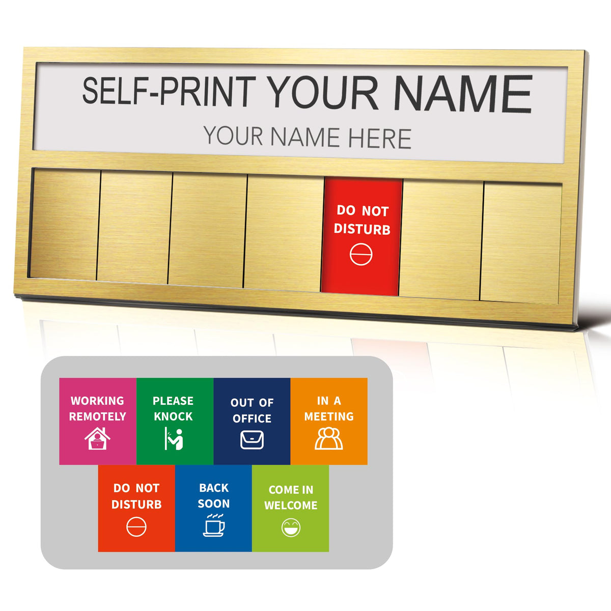 Name Plate for Desk& Office Door Sign, 7 Options Do Not Disturb, In A Meeting, Out of Office, Working Remotely, Please Knock, Come in Welcome，Stick or Stand with Desk Name Plate, Brushed Gold with icon 7 Options Working Remotely