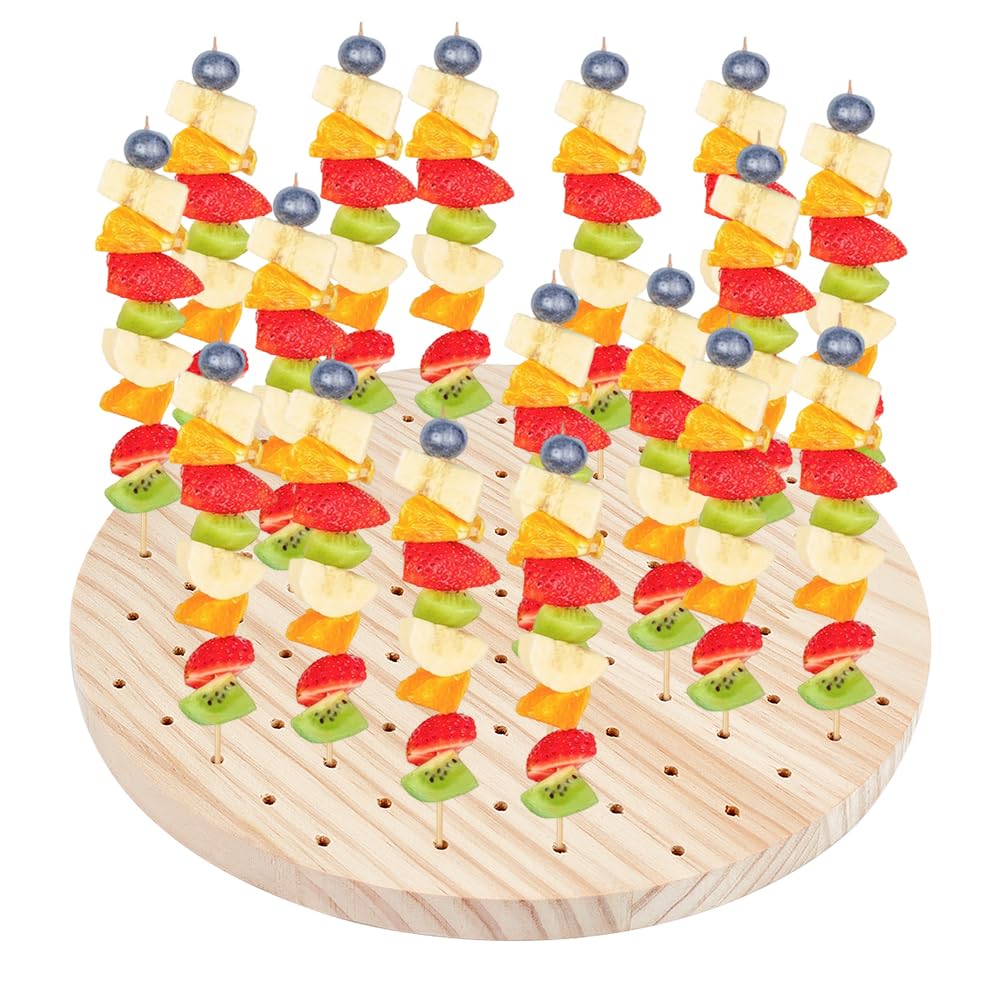 PH PandaHall 90 Holes Wooden Skewer Holder Food Display Stand Kabobs Appetizer Displays Round Fruit Skewers Board Dessert Lollipop Holder for Parties Birthday Barbecues Cocktai Picnic Catering