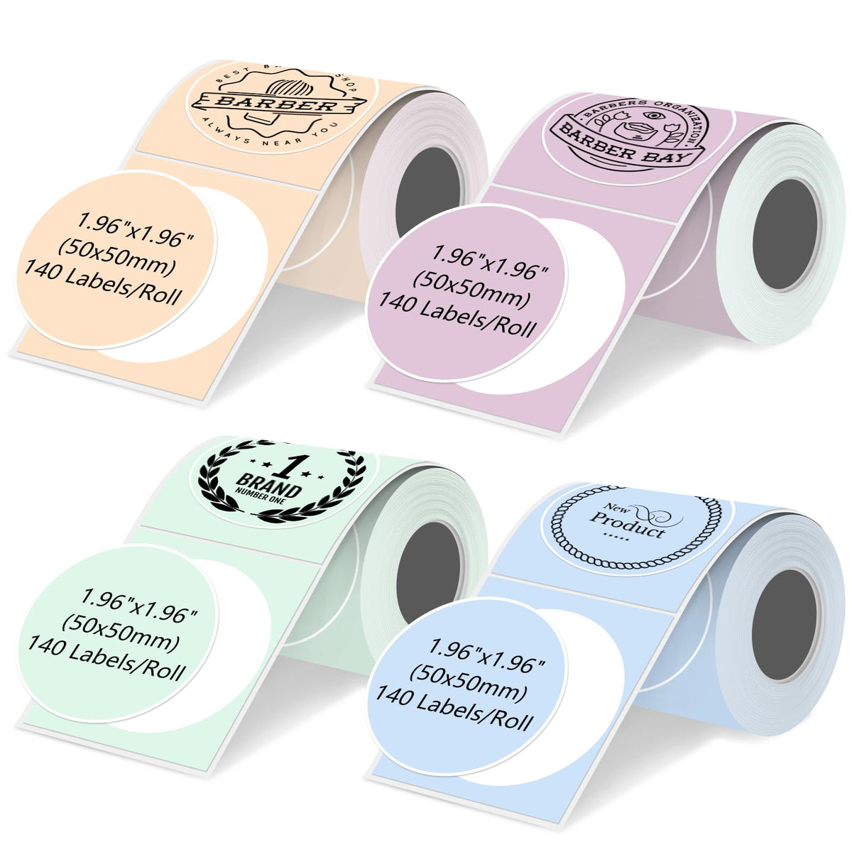 4 Rolls Round Circle Thermal Label Compatible for Phomemo M100/M110/M150/M221/M220/M120/M200/M250 Label Printer,1.96" x 1.96"（50x50 mm, 140 Labels/Roll Black on Pink & Blue & Khaki & Green Color-4 Rolls 50x50mm(1.96"x1.96")