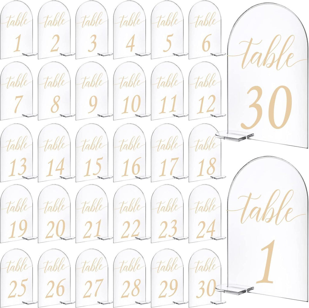 Ragyzity 4 x 6 Inch 30 Sets Acrylic Gold Table Numbers, Gold Printed 1-30 Signs with Stands Calligraphy Clear Table Number Display Stand for Wedding Reception Party Centerpieces Decor