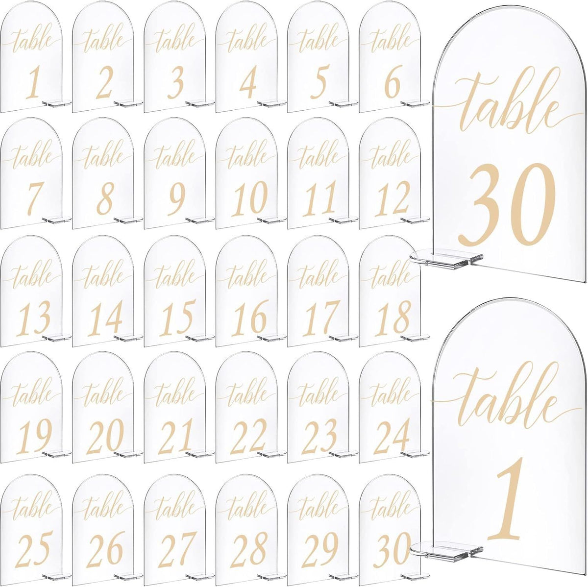 Ragyzity 4 x 6 Inch 30 Sets Acrylic Gold Table Numbers, Gold Printed 1-30 Signs with Stands Calligraphy Clear Table Number Display Stand for Wedding Reception Party Centerpieces Decor