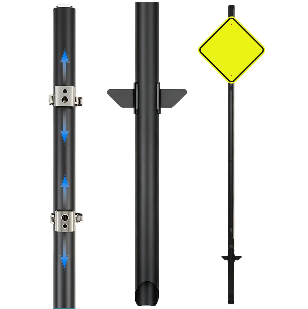 6'6'' Heavy Duty Metal Sign Post, Steel Round Signs Pole with Ground Spike, Adjustable Sign Mounting Brackets, Baked Enamel Finish for Yard, Parking, Traffic Signs(1 Pack, 80'') 78-Inch-Black 1-Pack
