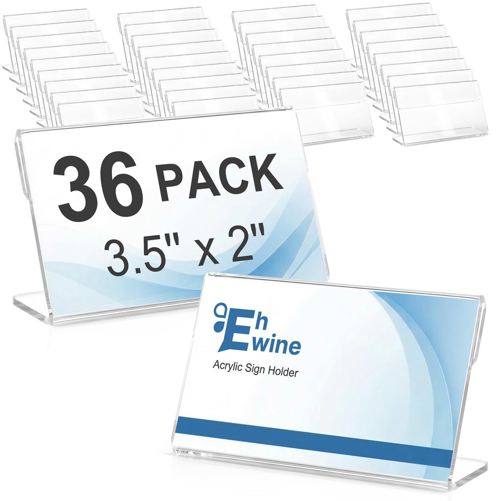 EHWINE 36 Pack Clear Acrylic Sign Holders, 3.5 x 2 Inch Slanted L-Shaped Name Tag & Price Label Display Stand for Restaurant Table, Retail Shelf, Office Desk, Trade Show Clear 36 Pack 3.5×2 Inch