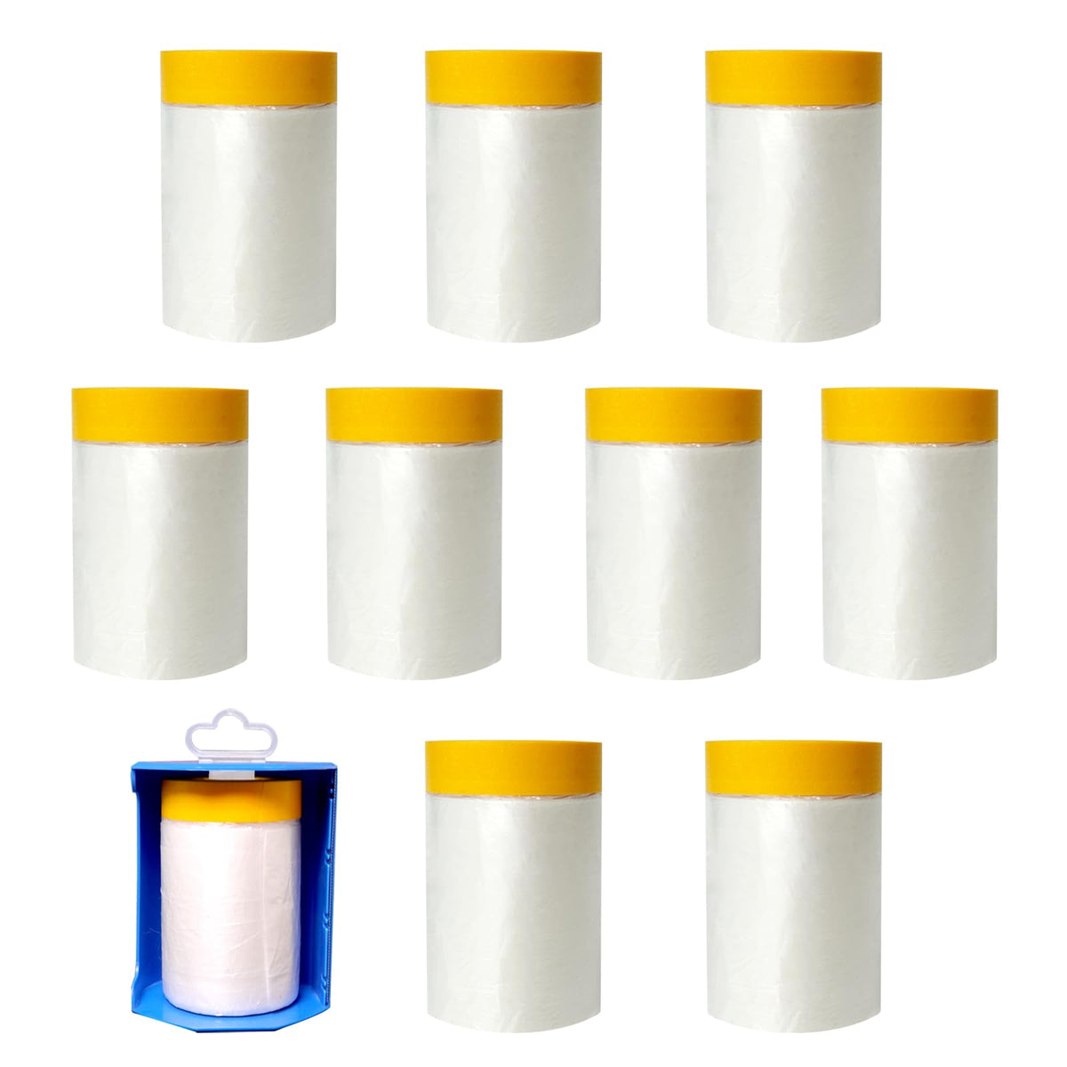 Pre-Taped Masking Film Film and Masking Tape in one Plastic Tape and Drape Roll Painters Plastic (10 Pack, Each roll 22" Wide x 82 feet Long) 10
