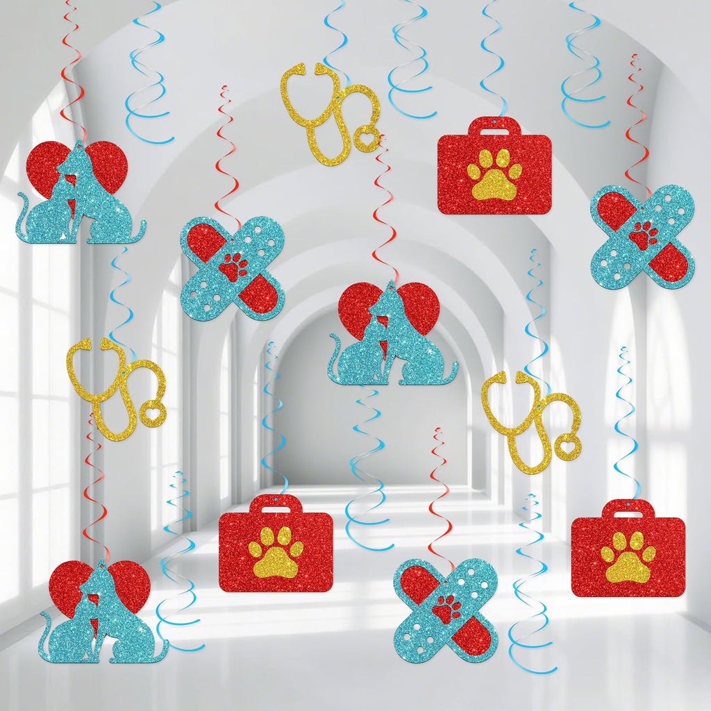 Veterinarian Hanging Swirl Decor Vet Graduation Foil Swirls Ceiling Decorations Vet Tech Week Backdrop Veterinary Party Decorations Red Blue Glitter