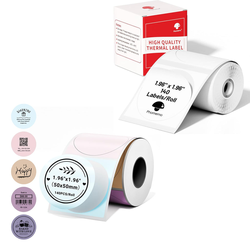 Phomemo 2 Inch Multi-Purpose Self-Adhesive Round White Circle Label with Color Round Labels