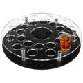 25 Holes Shot Glass Holder Tray, Acrylic Bar Circular Cup Server, Black Heavy Base Drink Display Organizer for Parties and Clubs, Center Slot for Slim Wine Bottle, Professional Home Bar Accessory