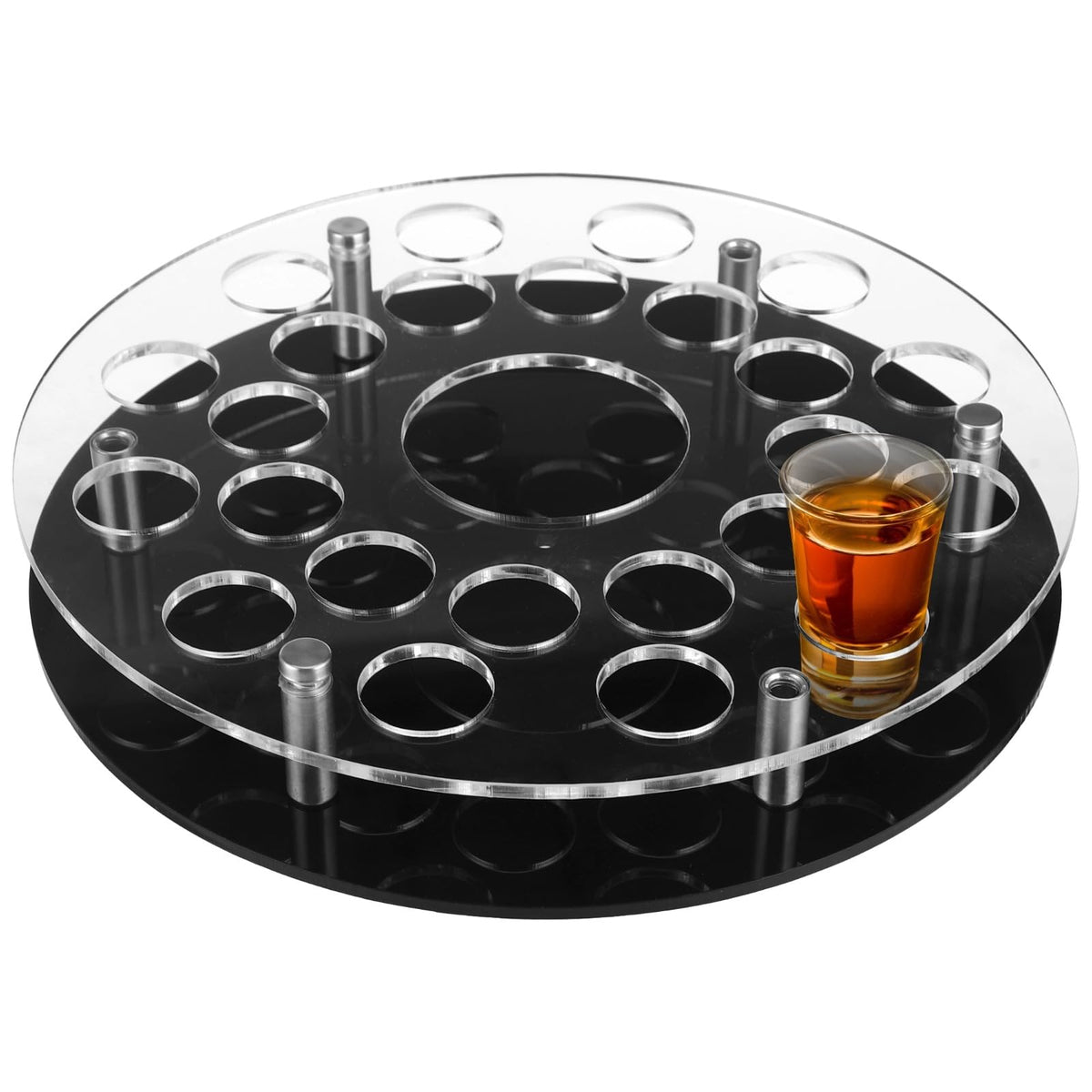25 Holes Shot Glass Holder Tray, Acrylic Bar Circular Cup Server, Black Heavy Base Drink Display Organizer for Parties and Clubs, Center Slot for Slim Wine Bottle, Professional Home Bar Accessory
