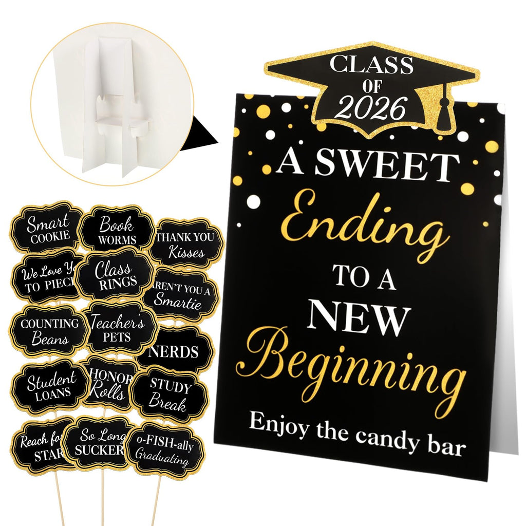 Spakon 24 Pcs Grad Candy Buffet Labels with Stand, Table Signs, Black Gold