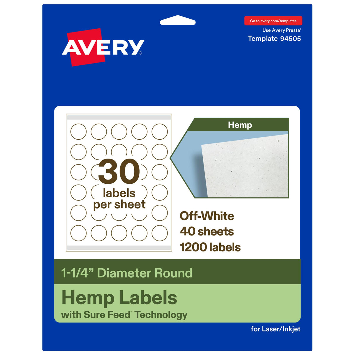 Avery Printable Round Hemp Labels with Sure Feed Technology, 1-1/4" Diameter, Off-White, Print-to-the-Edge, Laser & Inkjet Compatible, 1200 Total, Great for Product Branding, Packaging, and More 1,200 Labels