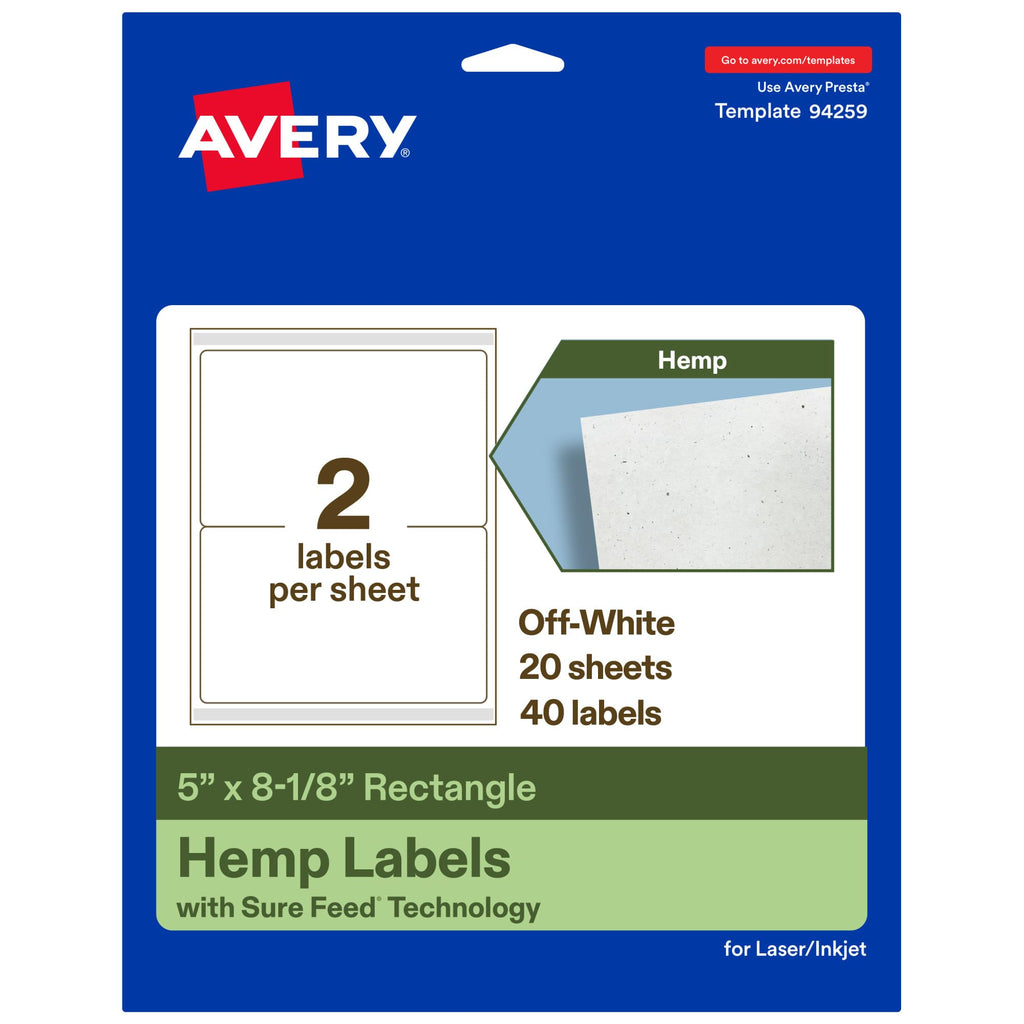 Avery® Printable Rectangle Hemp Labels, Sure Feed® Technology, 5" x 8-1/8", Off-White, Laser & Inkjet Compatible, 40 Total, Great for Product Branding, Packaging, and More 40 Labels
