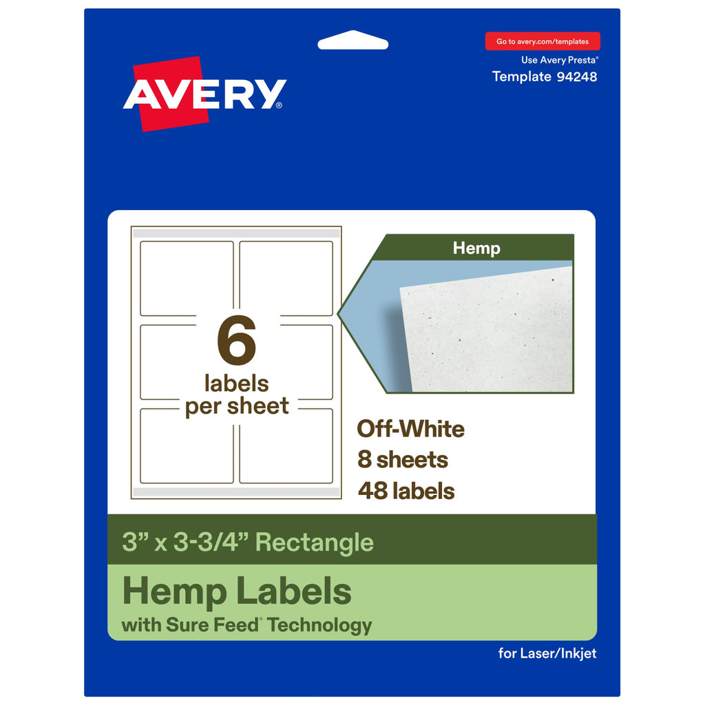 Avery Printable Rectangle Hemp Labels with Sure Feed Technology, 3" x 3-3/4", Off-White, Print-to-the-Edge, Laser & Inkjet Compatible, 48 Total, Great for Product Branding, Packaging, and More 48 Labels