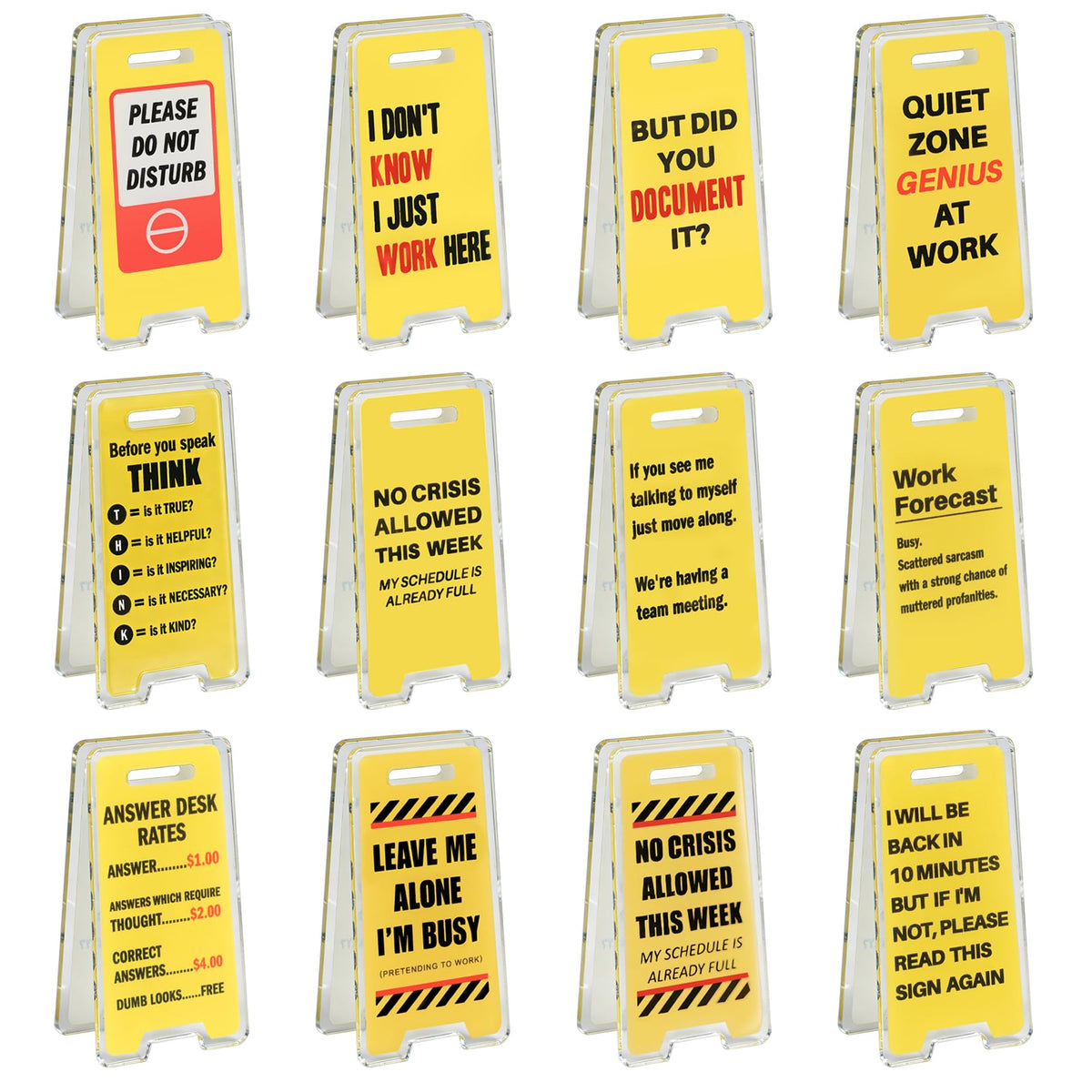 24 Pack Funny Office Desk Signs, Mini Acrylic Yellow Caution Desk Signs