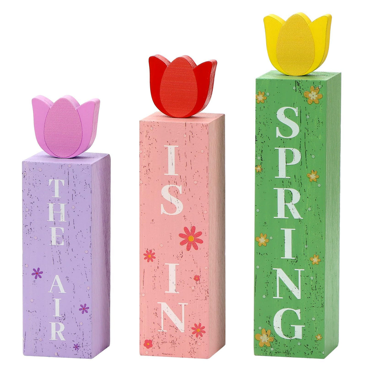 3 Pcs Spring Tulips Wood Table Decor Tulip Flower Block Signs Hello Spring Flowers Table Centerpieces Tulips Spring Holiday Decoration for Home Kitchen Office Desk Easter Decor Spring Tulip