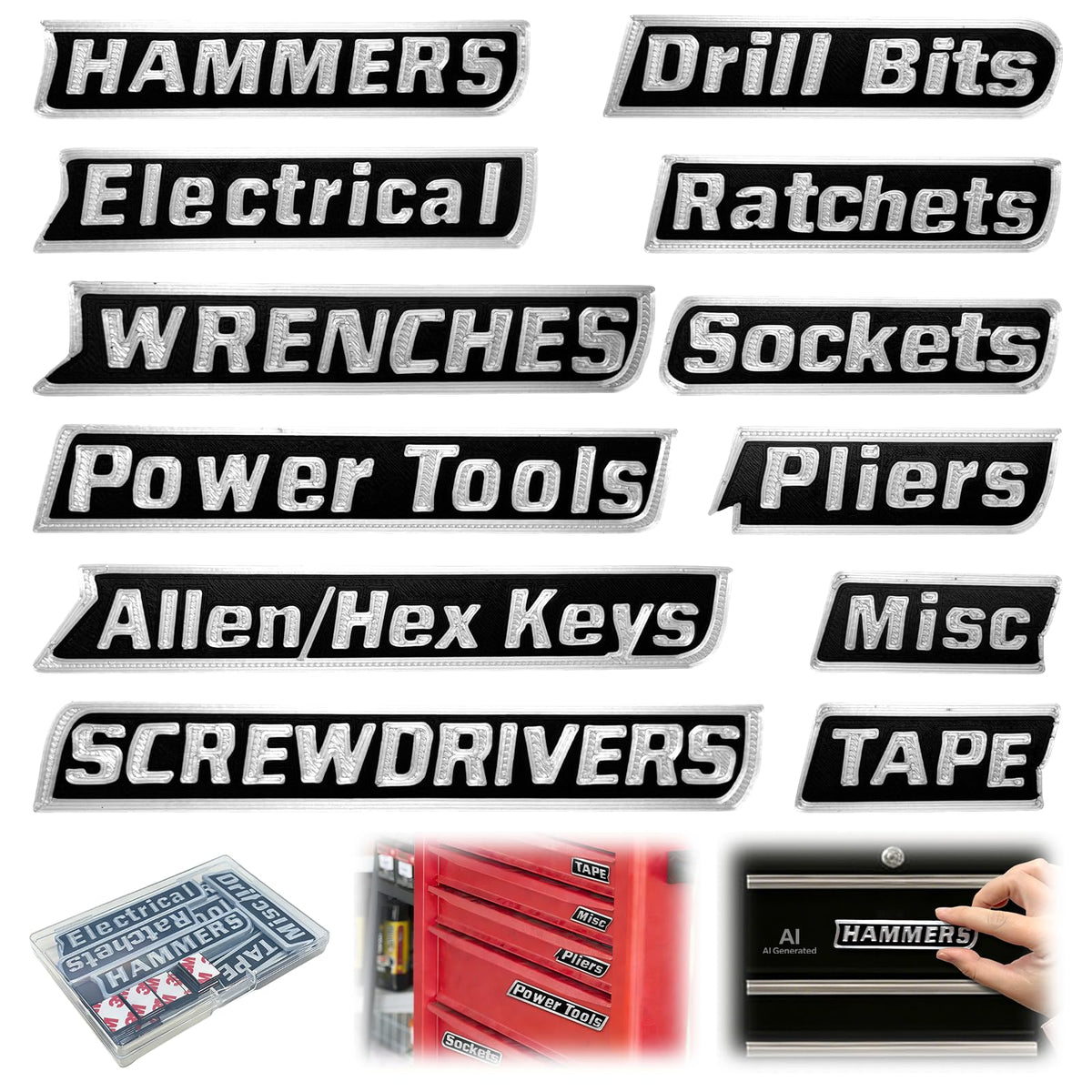 12 Pack Magnetic Tool Box Labels,3D-Printed Magnetic Toolbox Labels,Reusable Tool Box Labels Magnet Accessories,for Steel Toolboxes,Drawers,Carts and Cabinets (Black)