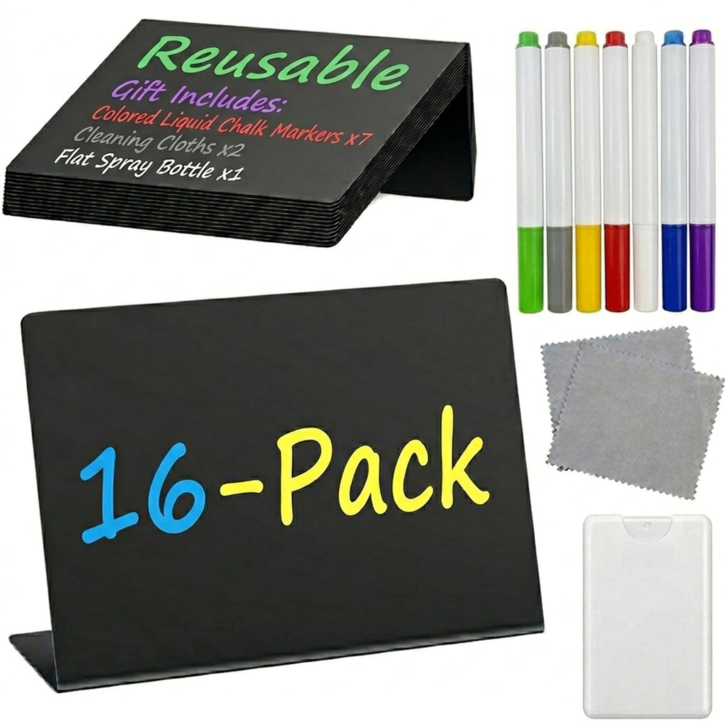 Mini Chalkboard Signs for Food Display, 16 Pack 4"x3" Buffet Food Labels with Liquid Chalk Markers, Reusable Small Chalkboard Table Signs for Wedding, Party, Bakery, Buffet (16, Black L-shaped)