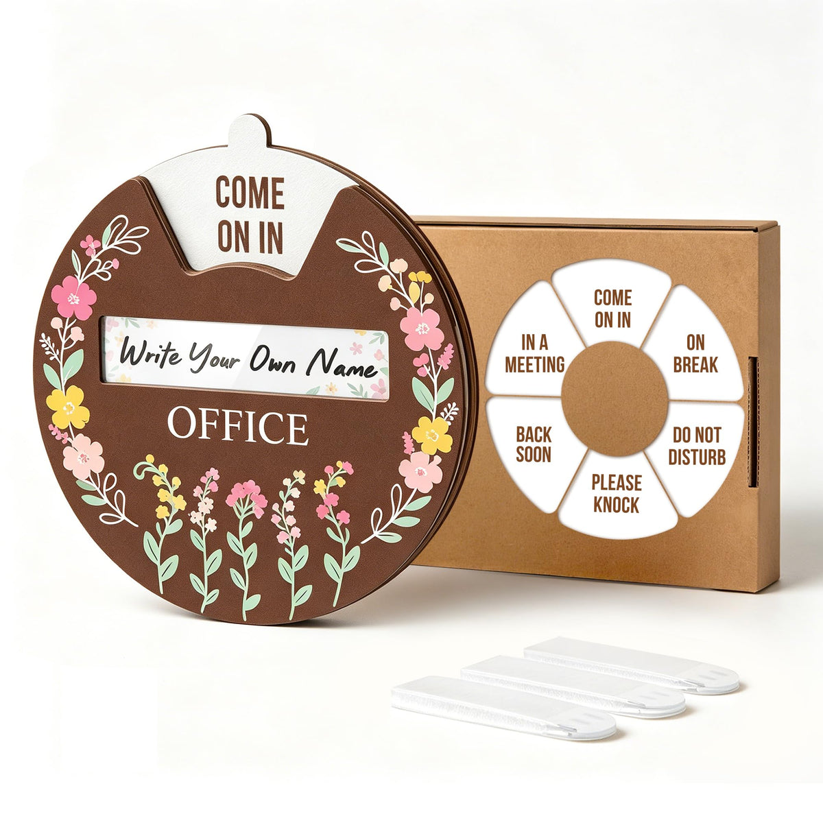 Office Door Signs, Do Not Disturb, In a Meeting, Come on In, Please Knock, On Break, Custom Rotating Wheel Sign with 6 Busy Statuses & Personalized Nameplate, Wooden Privacy Spinner Available and Away for Therapy & Home Office Brown Design 01