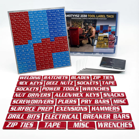 [35-Piece Master Set] Magnetic Toolbox Labels - Dura-Dome™ Red Epoxy Tags for Professional Mechanic Chests - Oil-Resistant, 3mm Thick 3D Organizer for Steel Drawers (SAE/Metric/Misc) Racing Red