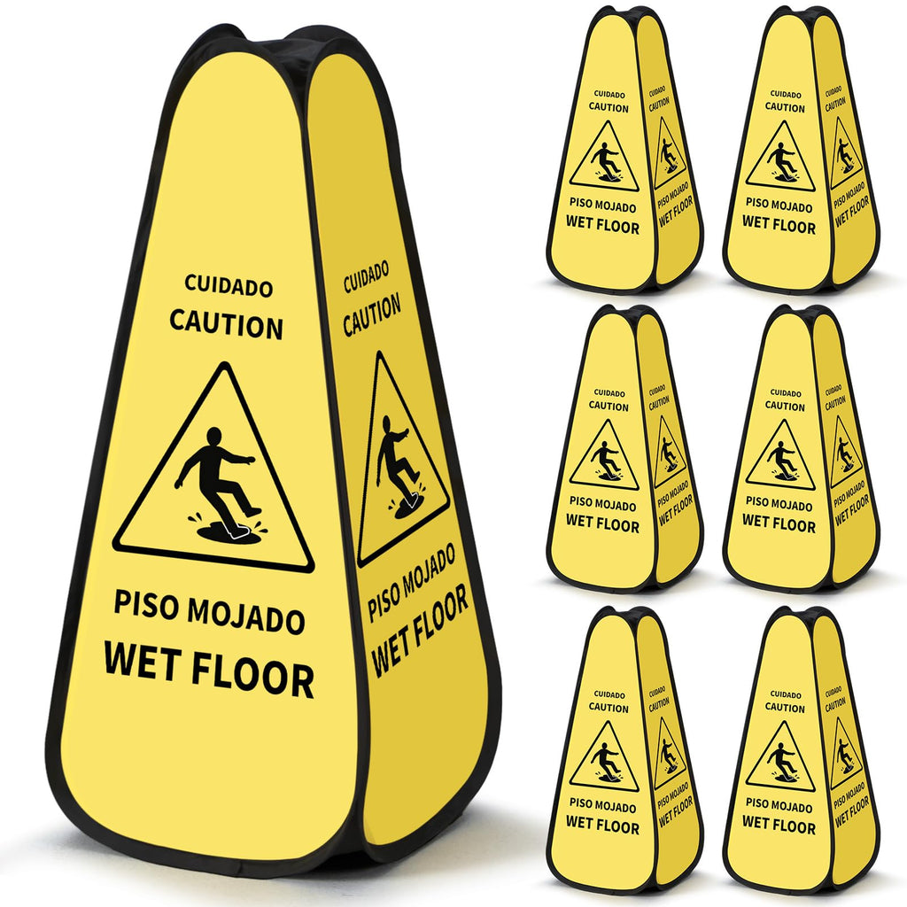 Sabary 6 Pcs 24 Inches Pop up Wet Floor Sign Yellow 4-sided Foldable Bilingual Caution Wet Floor Sign Safety Warnings Caution Cone for Commercial Office Stores Grocery Restaurant Indoors & Outdoors