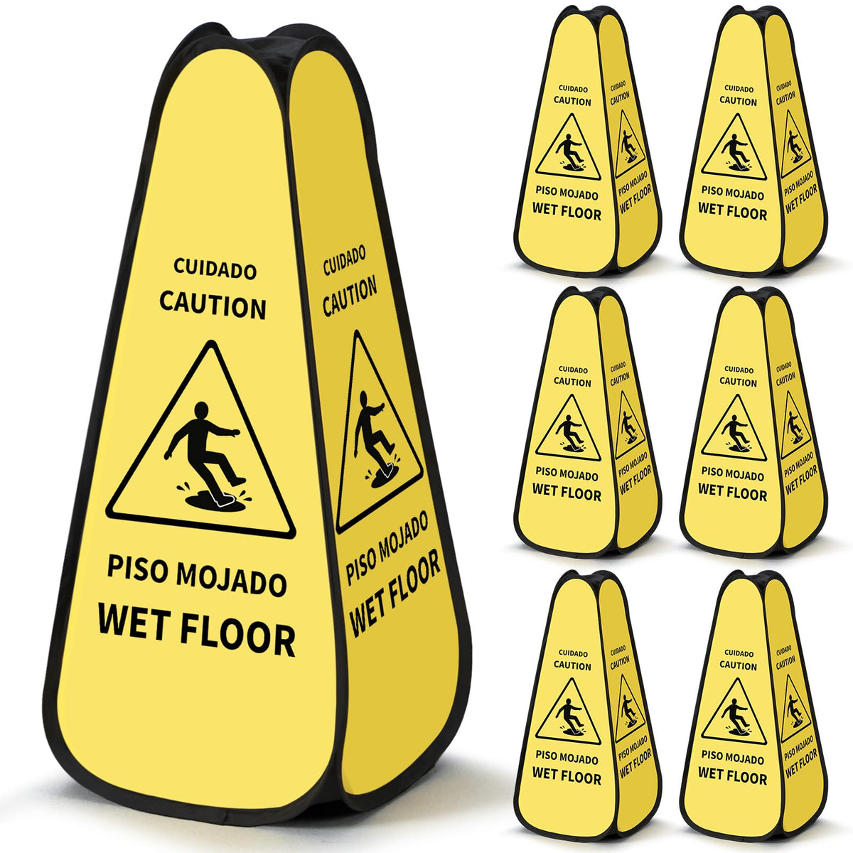 Sabary 6 Pcs 24 Inches Pop up Wet Floor Sign Yellow 4-sided Foldable Bilingual Caution Wet Floor Sign Safety Warnings Caution Cone for Commercial Office Stores Grocery Restaurant Indoors & Outdoors