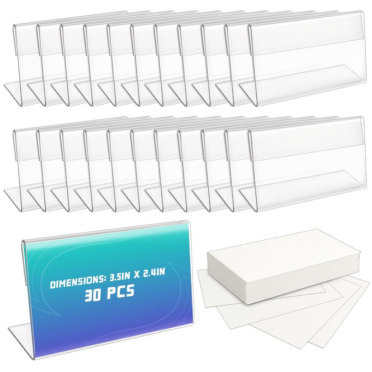 30 Pack Mini Clear Sign Display Holder with Blank Labels,3.5*2.4 Inch Horizontal Slanted L-Shape Plastic Name Card Price Card Tag Label Counter Top Stand