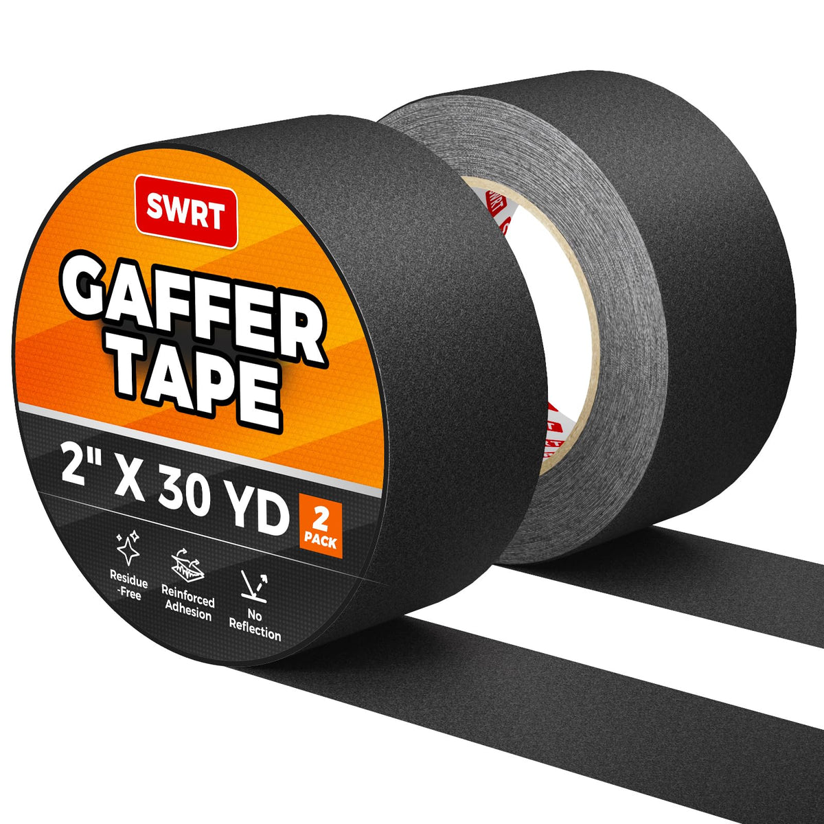 SWRT Gaffers Tape, 11 Mil Industrial Grade Gaffer Tape, 2’’ x 30 Yards, 2 Pack, Reinforced Adhesion, Easily Remove No Residue, Professional Matte Finish No Reflection, Black, 60 Yards in Total