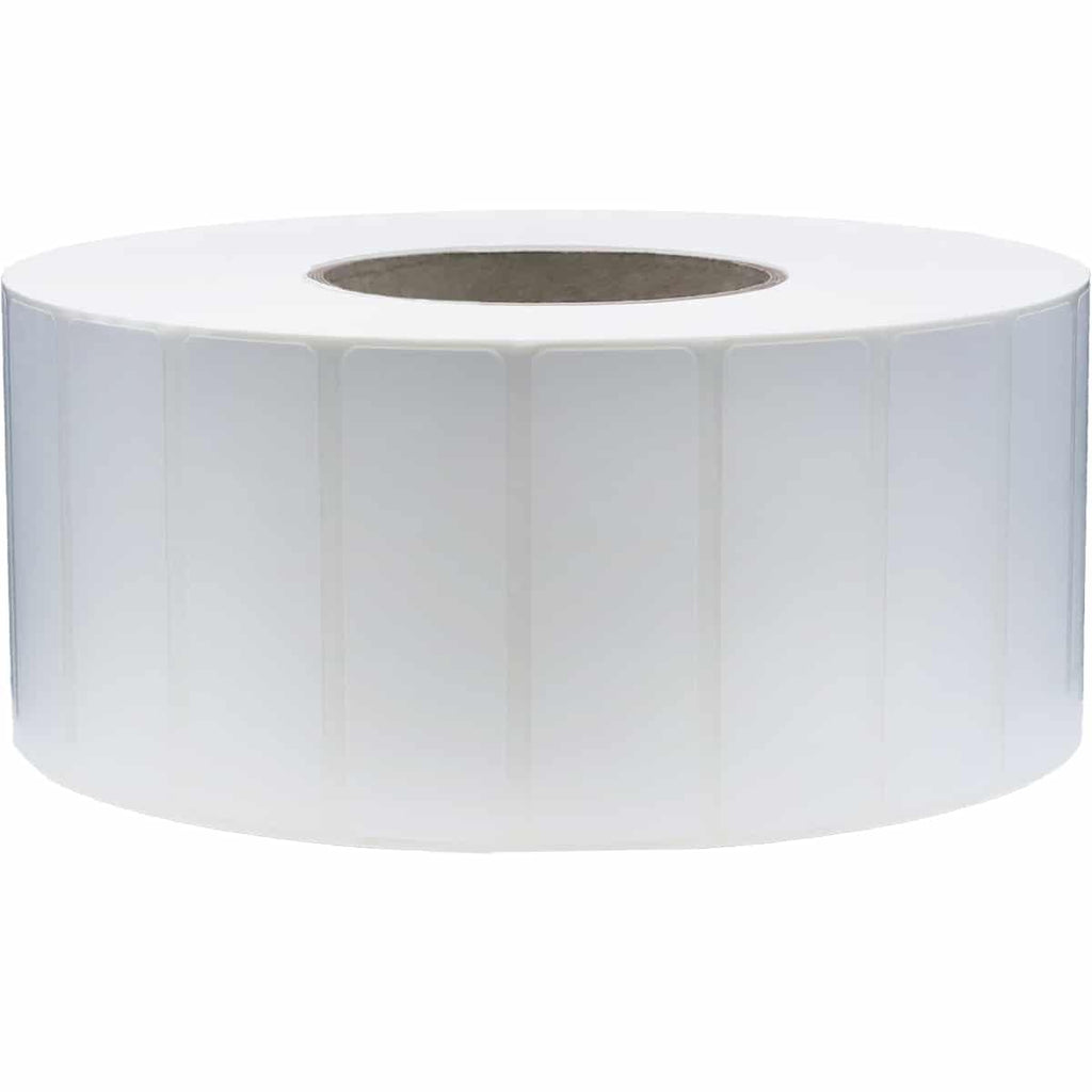 White perforated thermal transfer labels for laser and inkjet printers, 3x1 inch, 5500 count on 3-inch core.