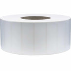 White perforated thermal transfer labels for laser and inkjet printers, 3x1 inch, 5500 count on 3-inch core.