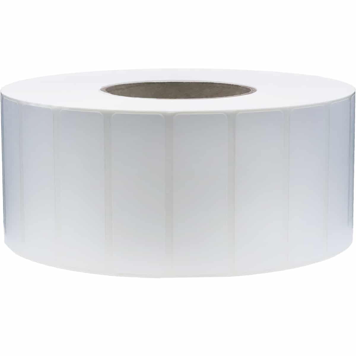 White perforated thermal transfer labels for laser and inkjet printers, 3x1 inch, 5500 count on 3-inch core.
