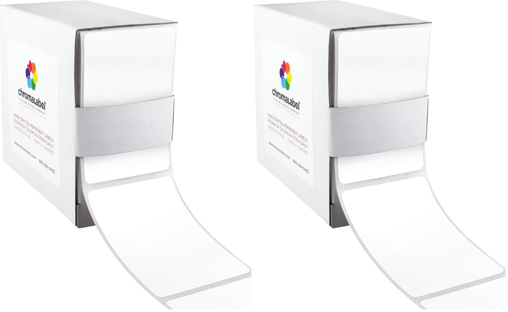 Two packs of ChromaLabel 2x3 inch white all-purpose permanent color code rectangle stickers, 100 labels per dispenser box.