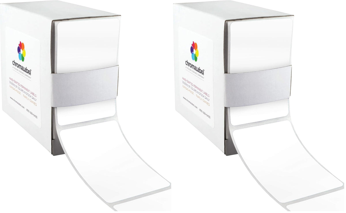 Two packs of ChromaLabel 2x3 inch white all-purpose permanent color code rectangle stickers, 100 labels per dispenser box.