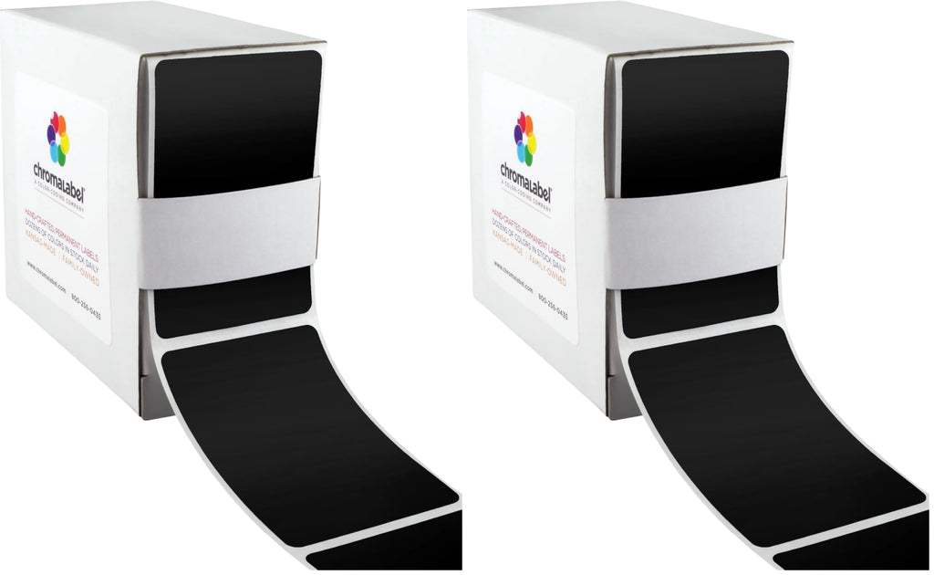 Two packs of ChromaLabel 2x3 inch black permanent color-coding rectangle labels, 250 labels per dispenser box.
