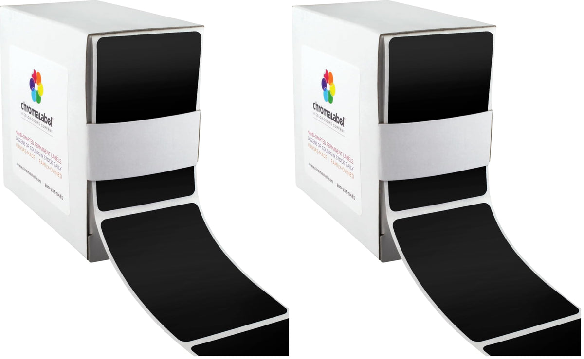 Two packs of ChromaLabel 2x3 inch black permanent color-coding rectangle labels, 250 labels per dispenser box.