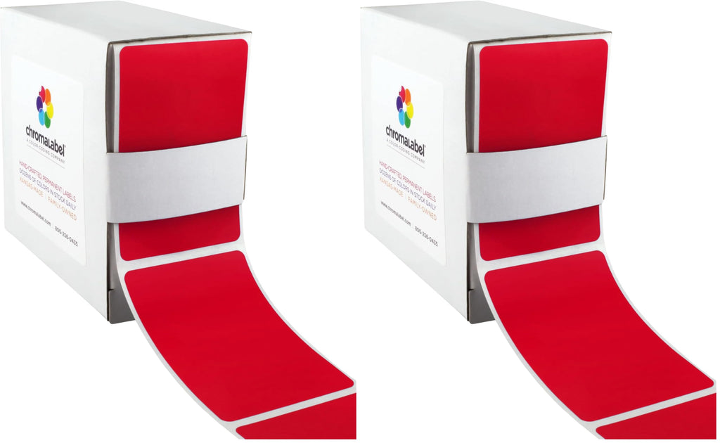 ChromaLabel red 2x3 inch permanent color-code rectangle labels in a dispenser box, pack of 2 for organizing and labeling.