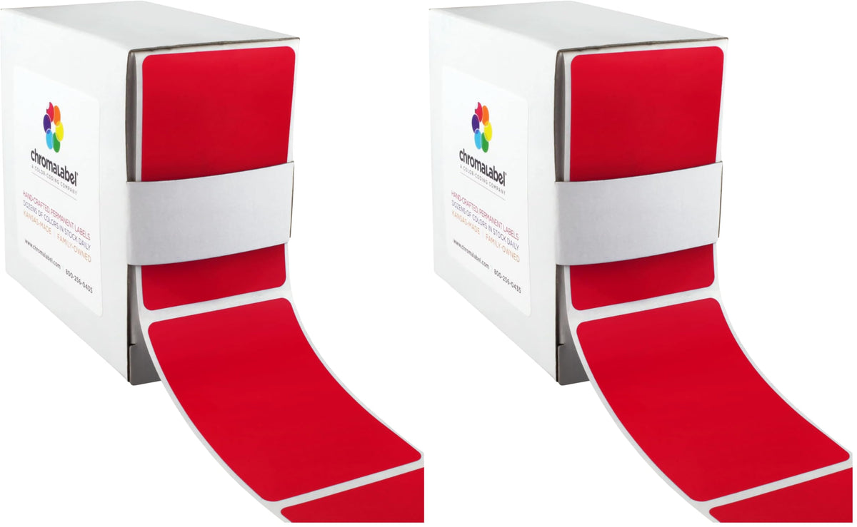 ChromaLabel red 2x3 inch permanent color-code rectangle labels in a dispenser box, pack of 2 for organizing and labeling.