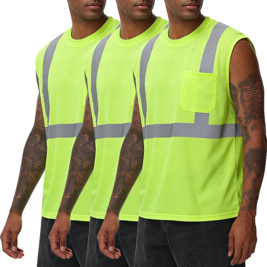 High Visibility Reflective Safety Sleeveless T-Shirt with Pocket, Quick Dry, ANSI Wicking Polyester Birdseye, 3PCS, Yellow, XL X-Large Yellow-sleeveless-3pcs
