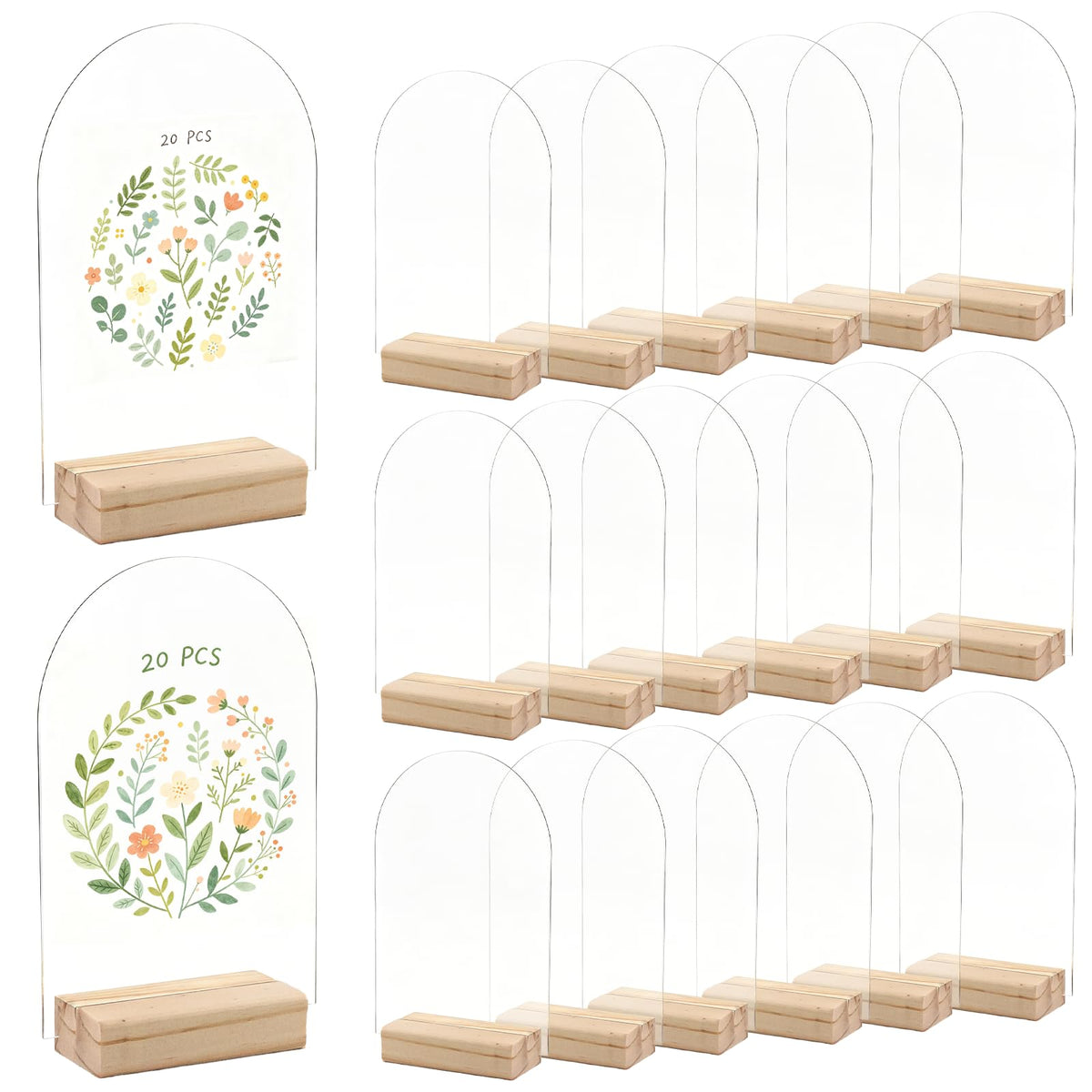 20 Pack Blank Clear Arch Acrylic Sign with Wooden Stands, Arched Round Top Acrylic Sheet, DIY Clear Arch Table Numbers for DIY Name Card Gifts Event Party Sign Decoration