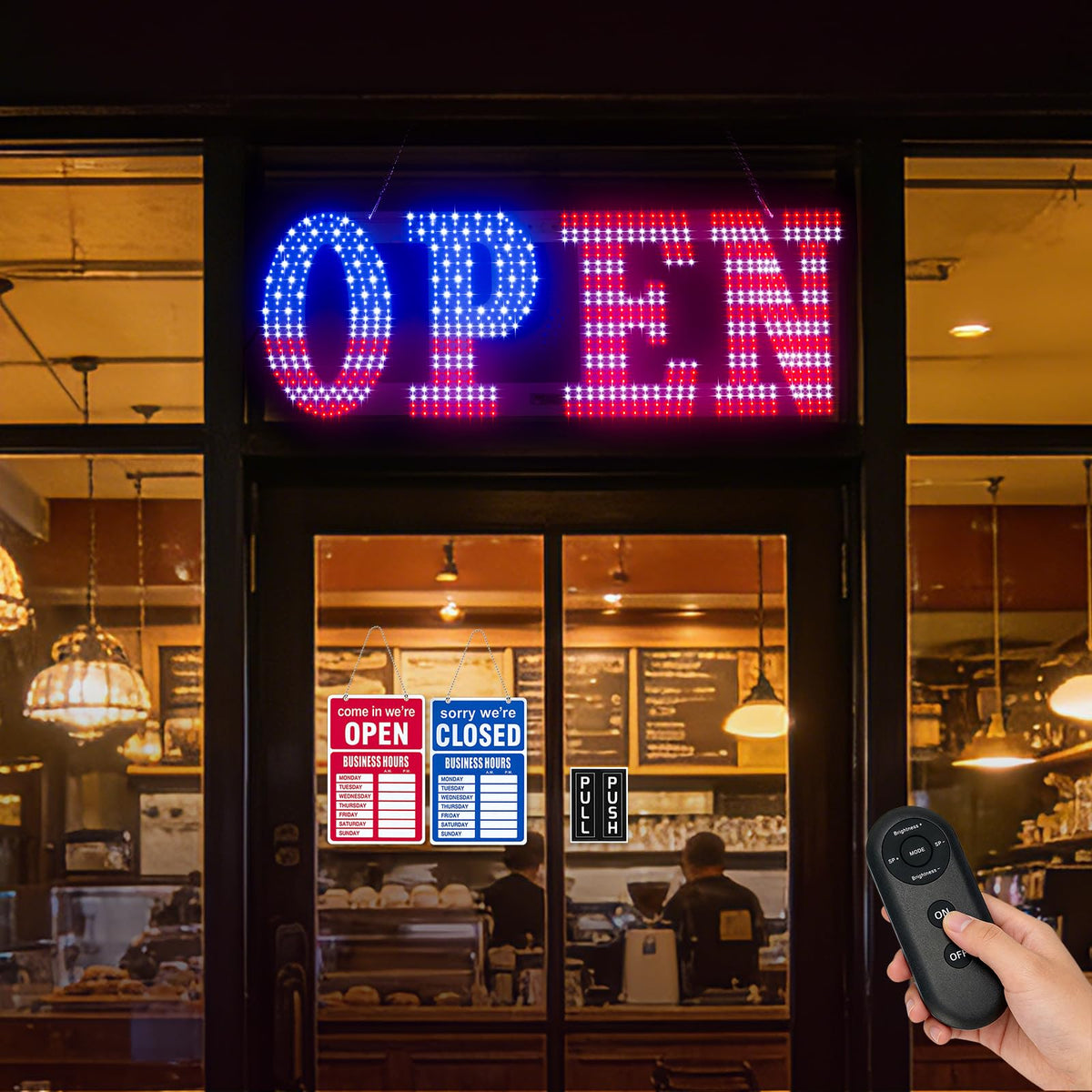 LED Open Signs for Business, HETAIJIE 30" x 10" Large super Bright LED open Sign, Dimmable US Flag Design Storefront Display, 12 Modes Flashing for Shop Bar Cafes Window (High Brightness) 30*10inch