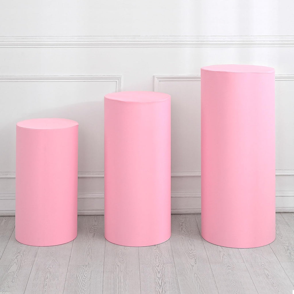 Set of 3 Light Pink Cylinder Spandex Stand Covers, Plinth Stand Cover for Party Wedding Birthday Decoration, Only Contains Cylinder Covers (Elastic Fabric - Large)
