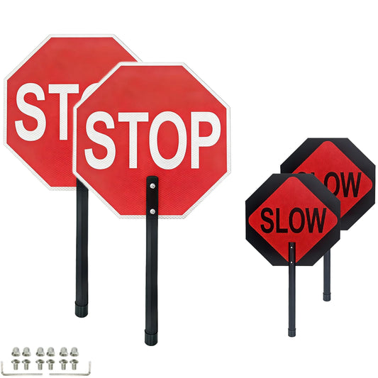 Stop Slow Sign with Wooden Handle, 2-Pack 13 x 13 Inch Double-Sided Handheld Stop Sign, Engineering-Grade Reflective Rust-Free Aluminum Slow-Down Signs, Weather- and Fade-Resistant, Easy to Mount.