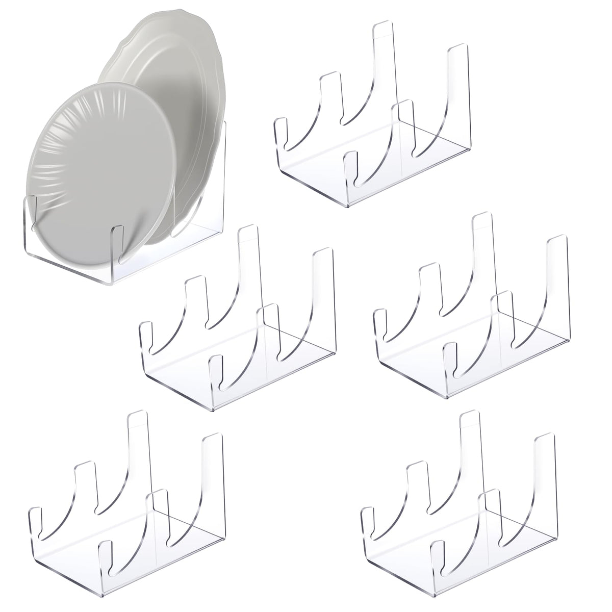 6 Pcs Plate Dinnerware Display Stand, 2-Tier China Platters Holder, Acrylic Plate Stands for Display Clear Kitchen Cabinet Organizer