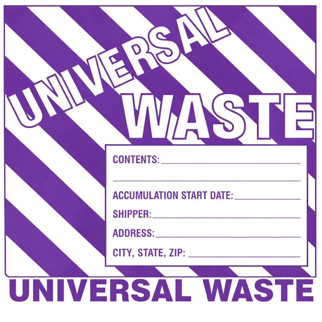 Universal Waste Labels, 6 x 6 inches, Purple/White, Self-Adhesive Vinyl, Pack of 25