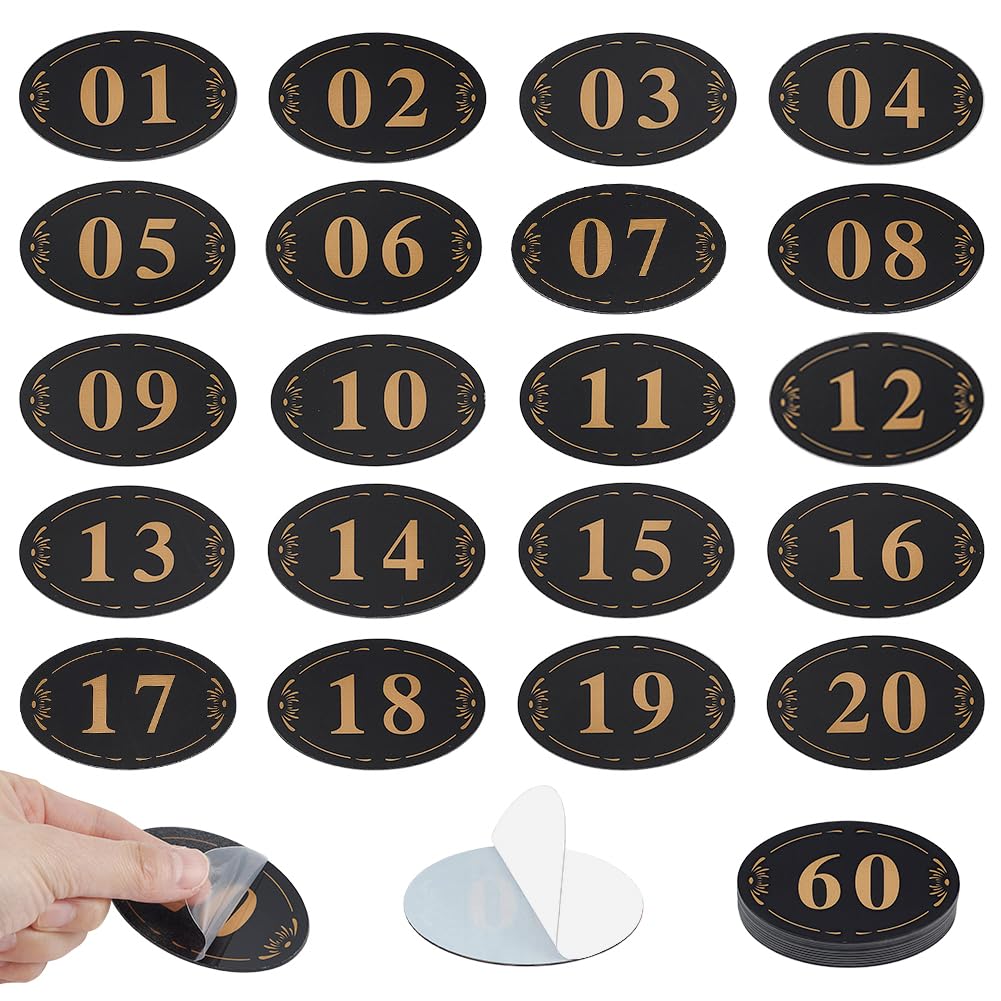 OLYCRAFT 60Pcs Locker Cabinet Numbers Acrylic Table Number Stickers Locker Number Signs Oval Door Sign with Self-Adhesive Tape for Door House Office Restaurants Bars Storage Lockers Seat (1-60)