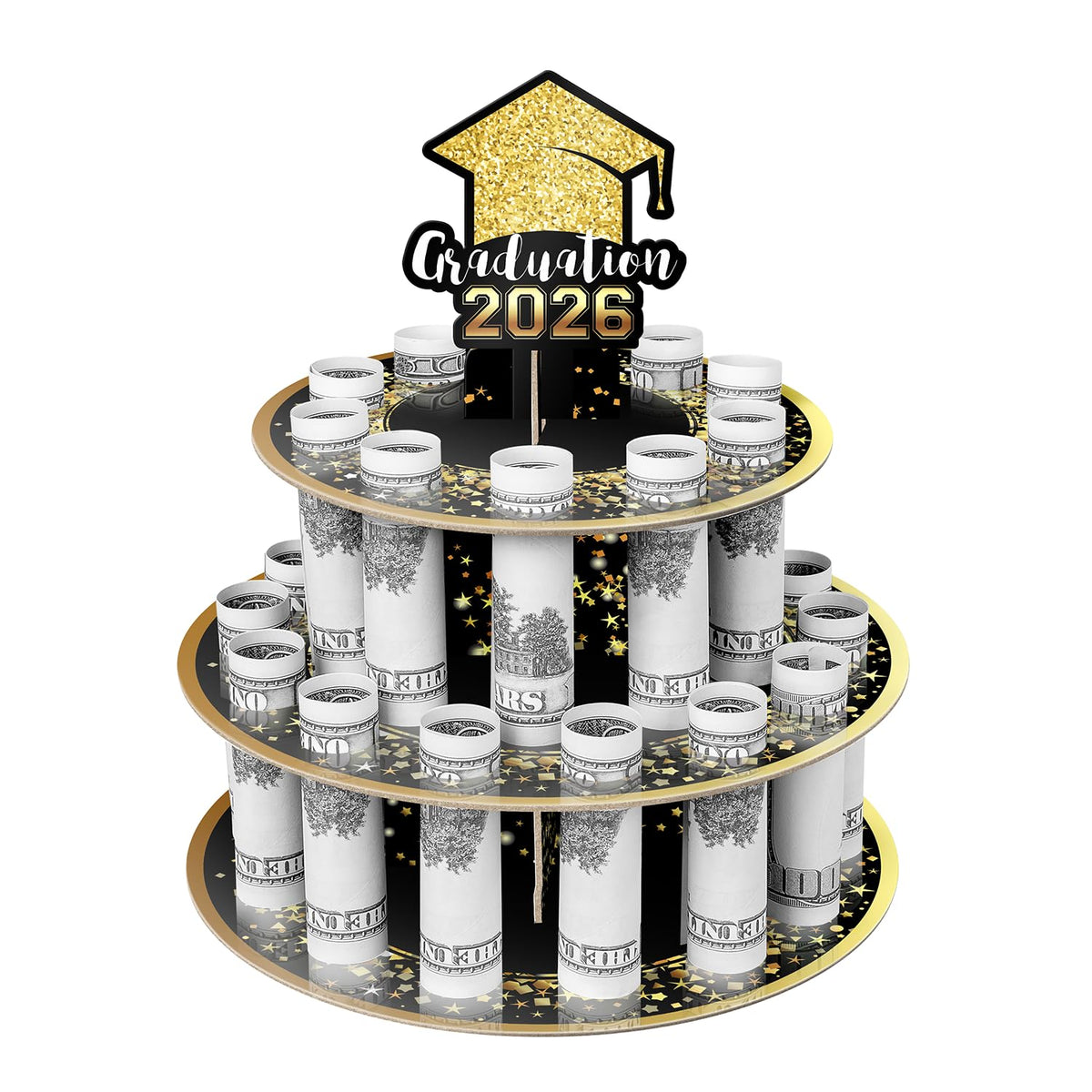 2026 Graduation Money Gift Holder, Celebration Cash Cake Stand with 24 Bill Slots, Graduation Money Tree for Women Men High School College Congrat Grad, Party Display Decorative - Black and Gold Black Gold (Pack of 1)