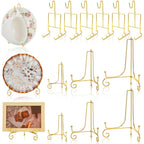 Kenaoeoe 12 Pcs Gold Plate Stands for Display 3 Size Metal Plate Display Stands with 6 Tea Cup Holder for Organizing Plates, Mugs, Books, Art