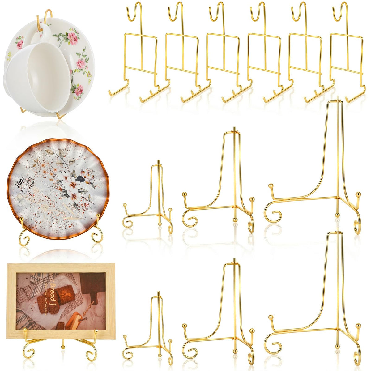 Kenaoeoe 12 Pcs Gold Plate Stands for Display 3 Size Metal Plate Display Stands with 6 Tea Cup Holder for Organizing Plates, Mugs, Books, Art