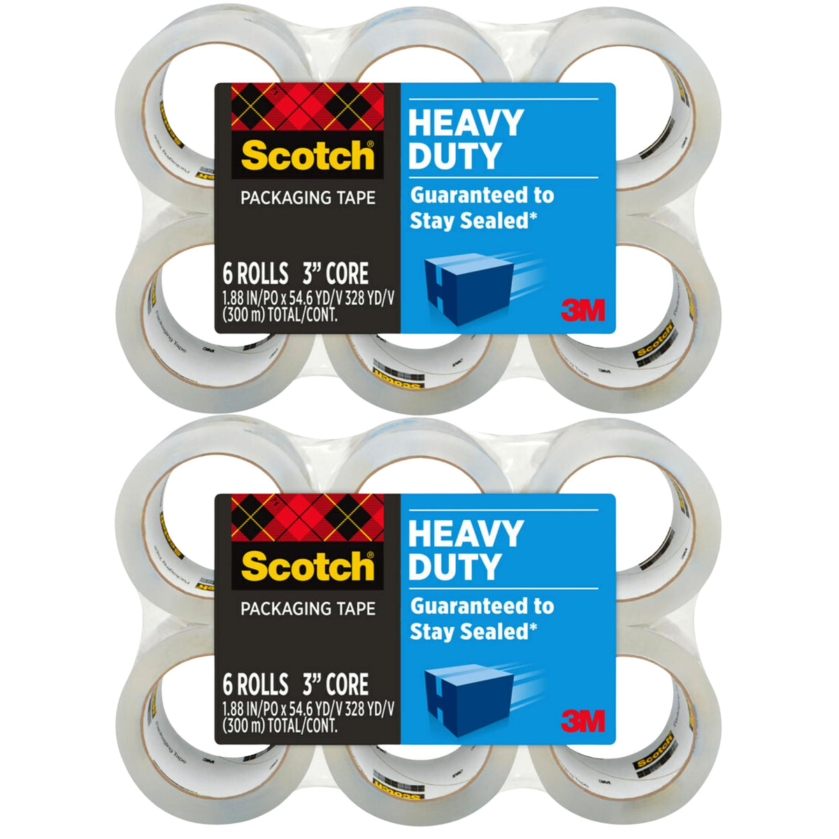 Scotch Heavy Duty Shipping Packaging Tape 3850, Clear, 1.88 in x 54.6 yd (48 mm x 50 m), 12 Pack (12 Rolls), 3.0 Mil Box Sealing Tape 12 Rolls