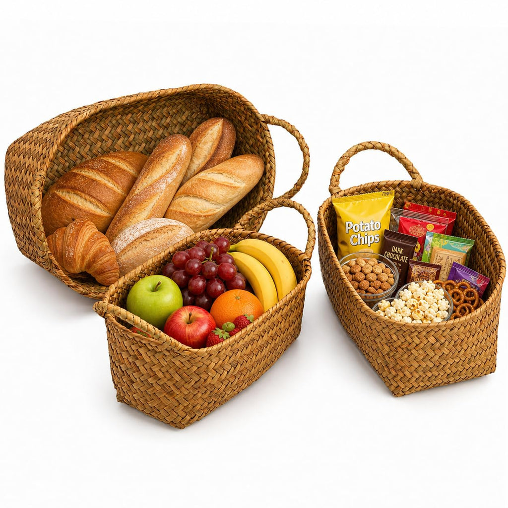 Elsjoy Set of 3 Woven Seagrass Baskets with Handles, Oval Wicker Woven Storage Baskets, Rattan Shelf Basket for Fruit, Bread, Kitchen