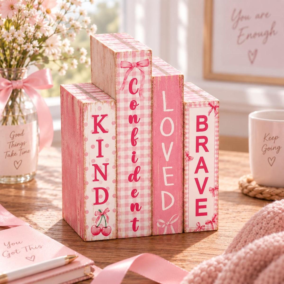 FYSUIMU 4Pcs Pink Bow Table Block Signs Wooden Book Sign Inspirational Table Centerpiece Sign for Farmhouse Home Room Party Shelf Decor